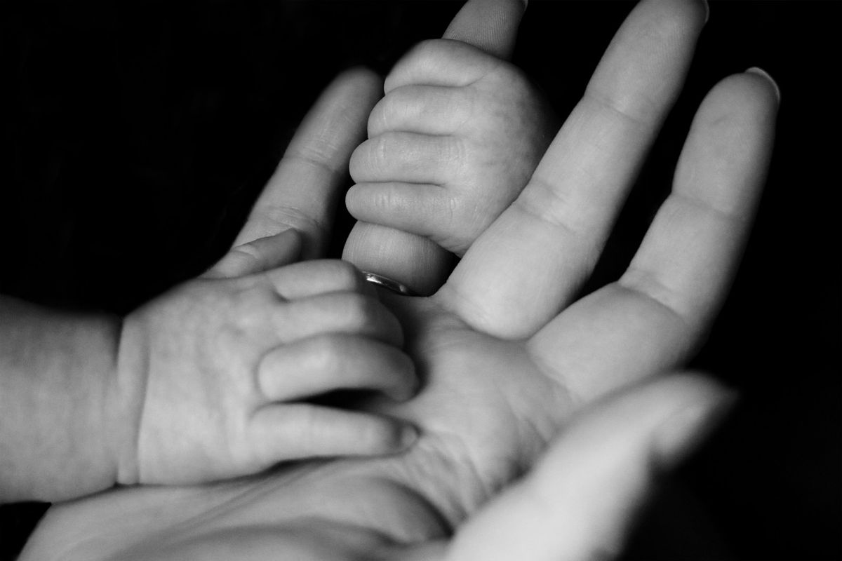 Baby som holder en voksens fingre